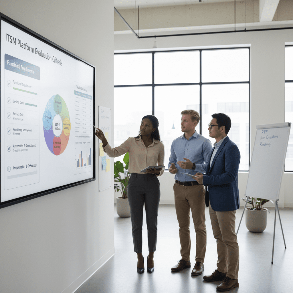 IT leaders reviewing a structured ITSM vendor evaluation framework and scoring model on a large screen in a modern office