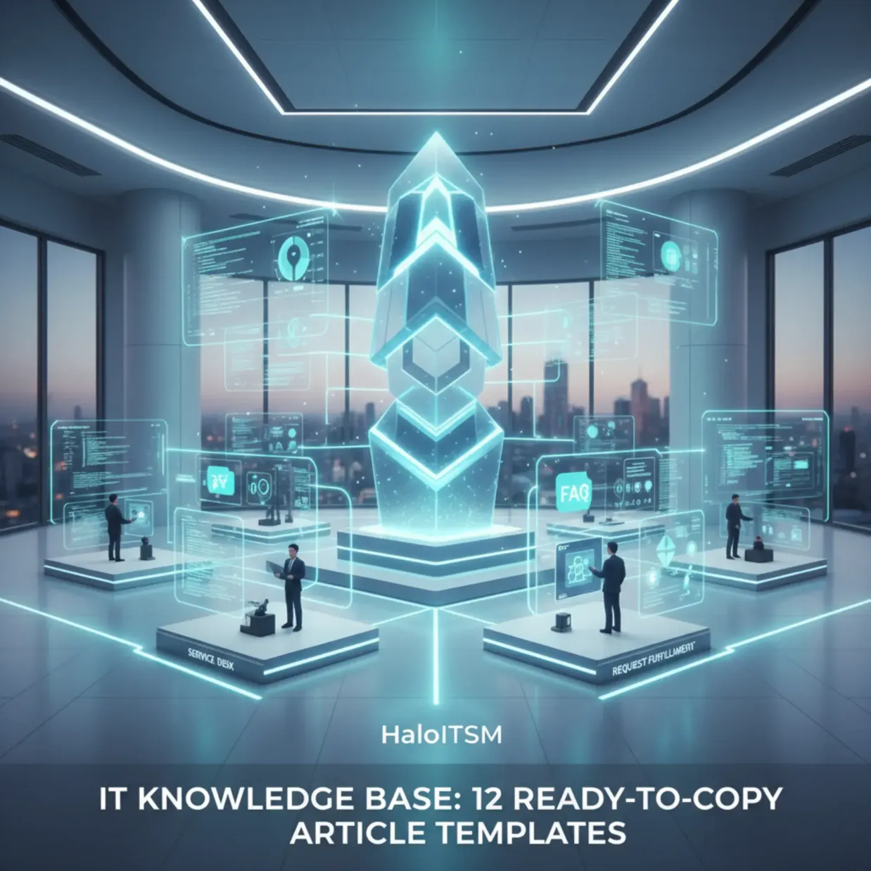 IT team collaborating in front of a digital dashboard while designing an IT knowledge base for faster self-service support