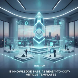 IT team collaborating in front of a digital dashboard while designing an IT knowledge base for faster self-service support