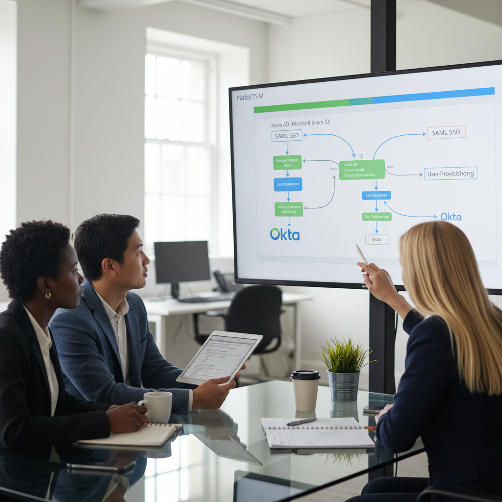 Architecture diagram showing ITSM SSO Azure AD integration between HaloITSM, Azure AD, and users for secure single sign-on