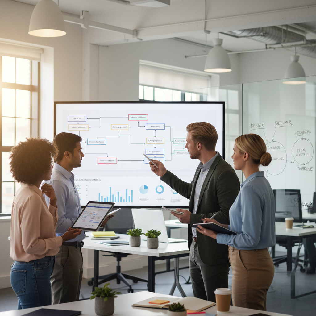 Illustration of a modern service desk workflow explaining what is ITSM and how IT teams manage and improve IT services