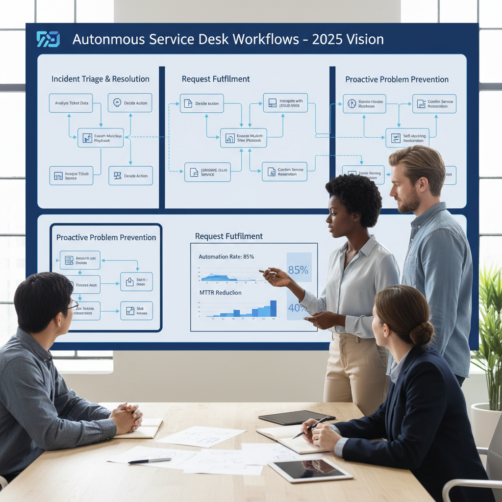 IT leaders reviewing dashboards that show how agentic AI ITSM automates service desk workflows and incident resolution