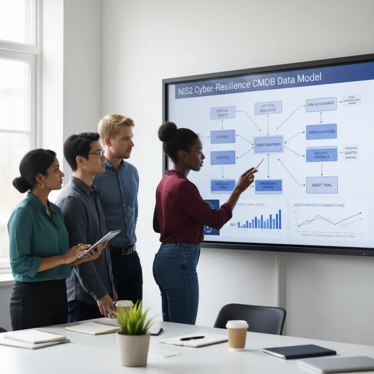 Diagram van een NIS2 CMDB-vereistenarchitectuur met weergave van diensten, assets, leveranciers en beveiligingsgegevens voor cyberweerbaarheid in de EU