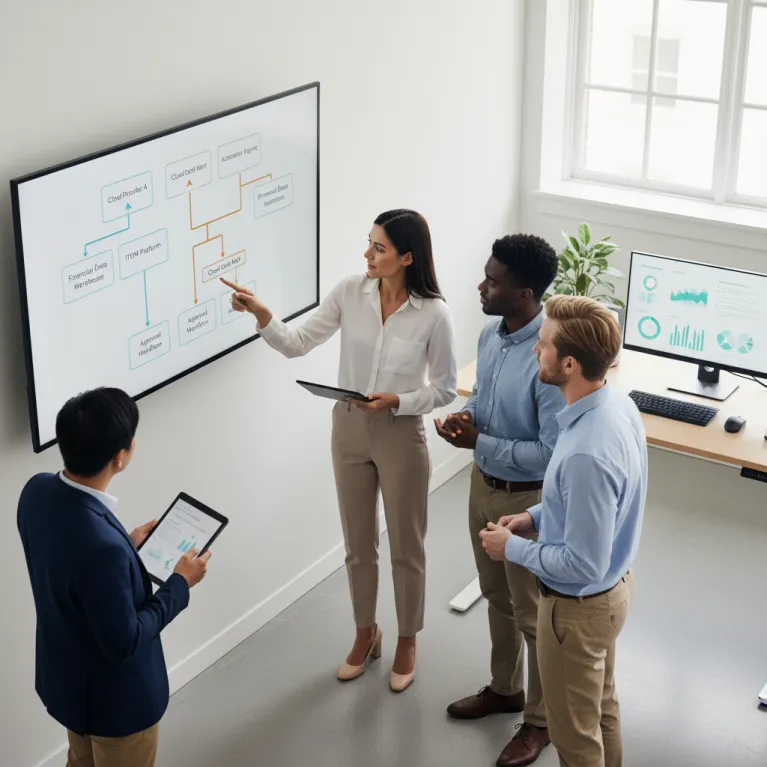 Diagram dat de FinOps ITSM-integratie toont die cloudkostengegevens verbindt met ServiceNow-workflows en automatisering