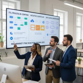 IT leaders reviewing dashboards and workflows during a HaloITSM vs Freshservice evaluation for mid-market ITSM tool selection