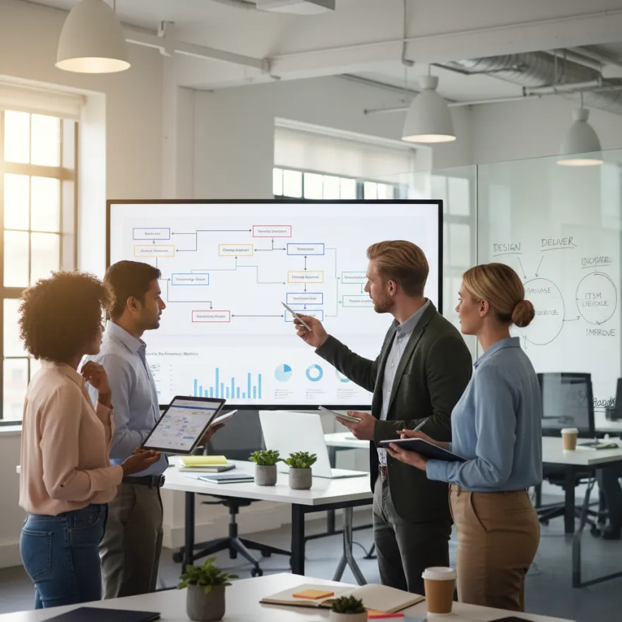 Illustration of a modern service desk workflow explaining what is ITSM and how IT teams manage and improve IT services