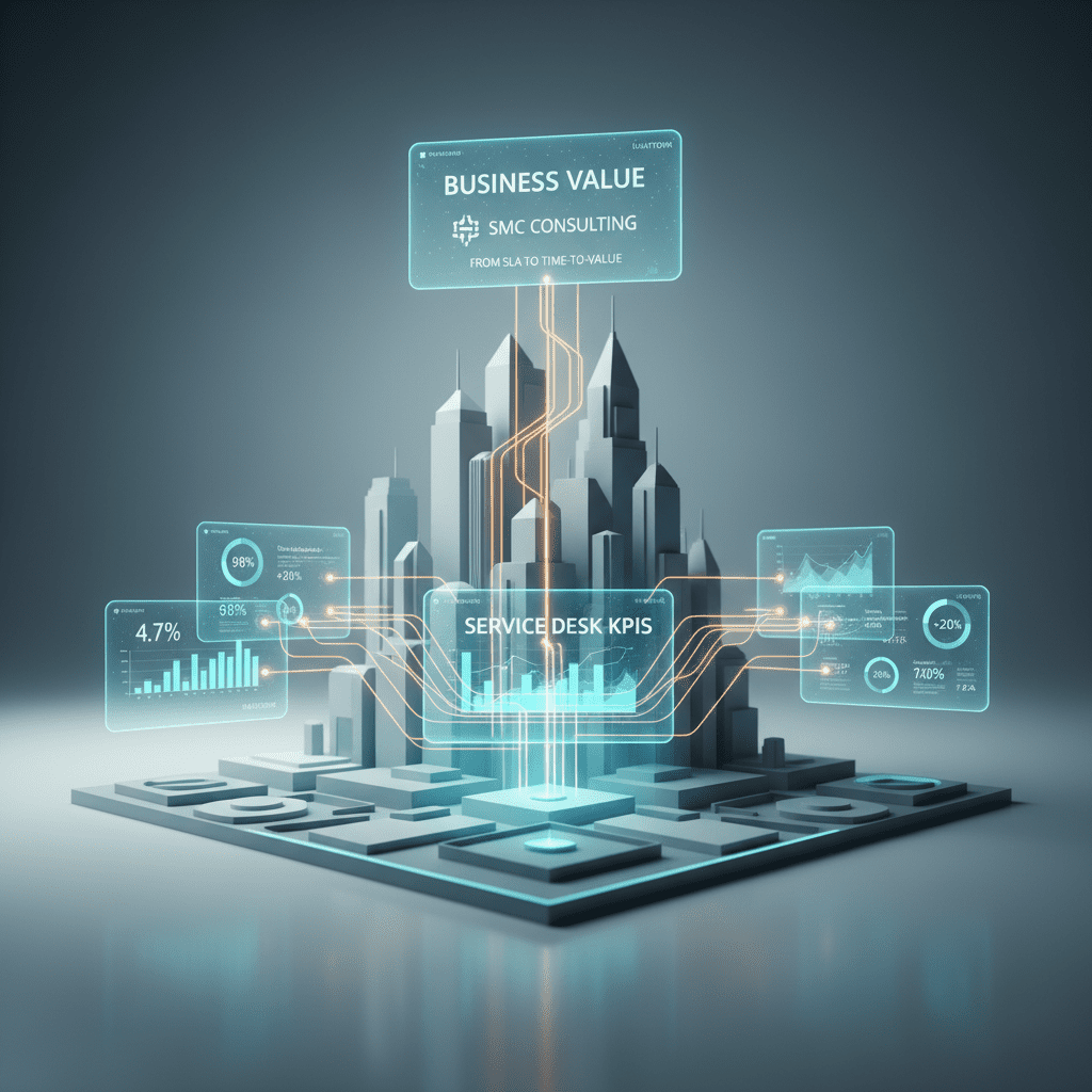 Dashboard showing real-time service desk KPIs and metrics visualising IT support performance and SLA compliance for business stakeholders