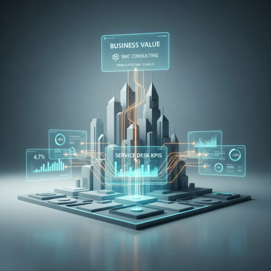 Tableau de bord affichant les ICP et métriques du service d'assistance en temps réel, visualisant la performance du support informatique et la conformité aux SLA pour les parties prenantes de l'entreprise