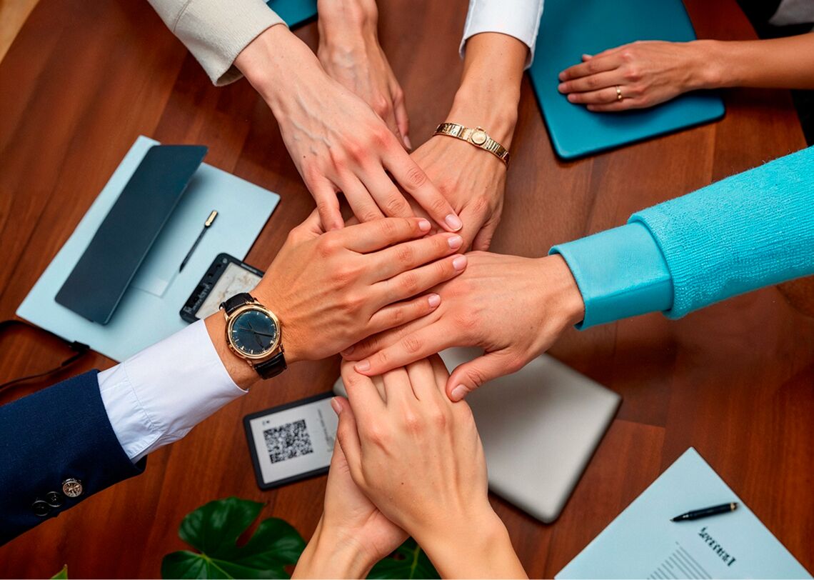 HaloITSM Frankrijk Zakelijk team legt de handen op elkaar boven een vergadertafel