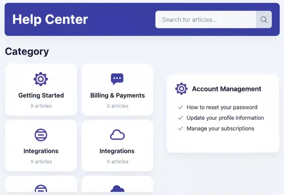 Interface du centre d'aide présentant un agent vocal IA pour la gestion des demandes répétitives du support informatique