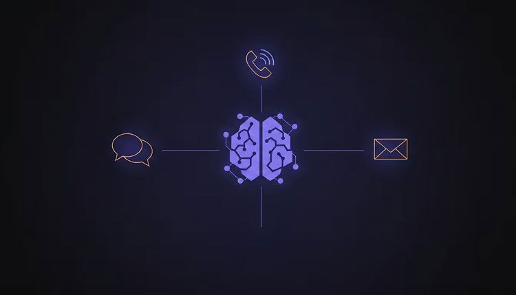 Illustration de l’agent vocal IA Aurion pour le support informatique, connectant les canaux téléphoniques, de chat et d’e-mail