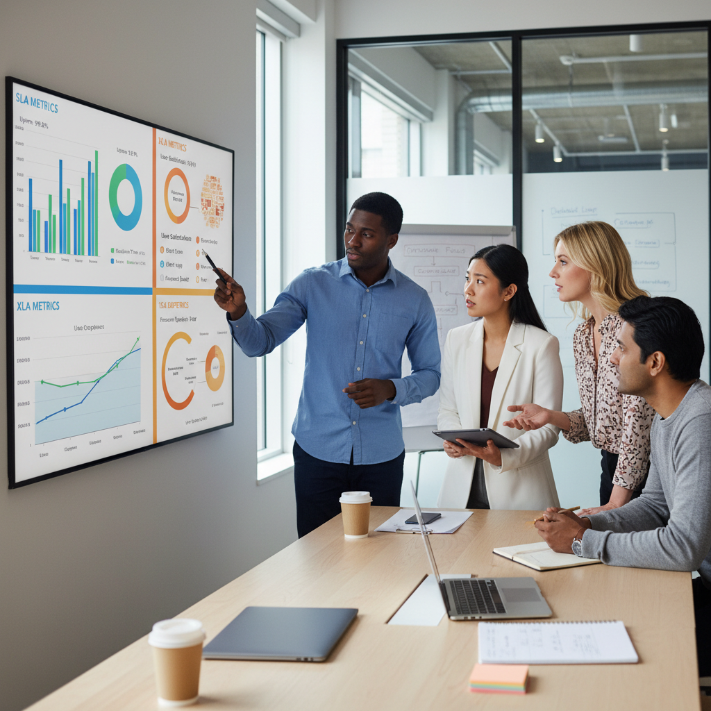 IT leaders reviewing an experience dashboard that visualizes XLA metrics and ITSM user satisfaction across services