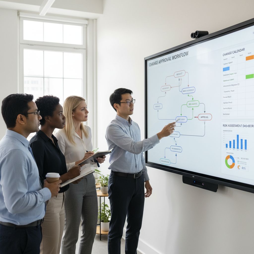 IT team reviewing a digital dashboard that visualizes change management ITSM workflows, risks, and approvals