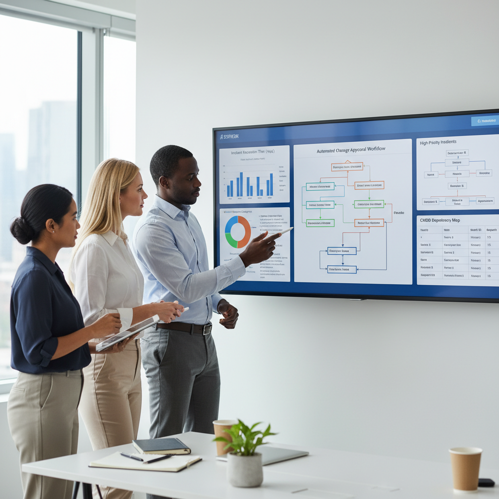 Des responsables informatiques comparant les tableaux de bord des logiciels ITSM modernes afin d'identifier les meilleurs outils ITSM pour leur organisation