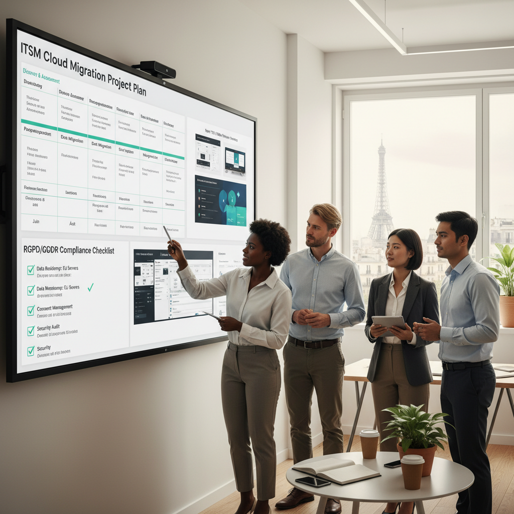 Équipe informatique française utilisant HaloITSM France sur des ordinateurs portables dans un bureau moderne pour gérer les demandes de services informatiques basés sur le cloud