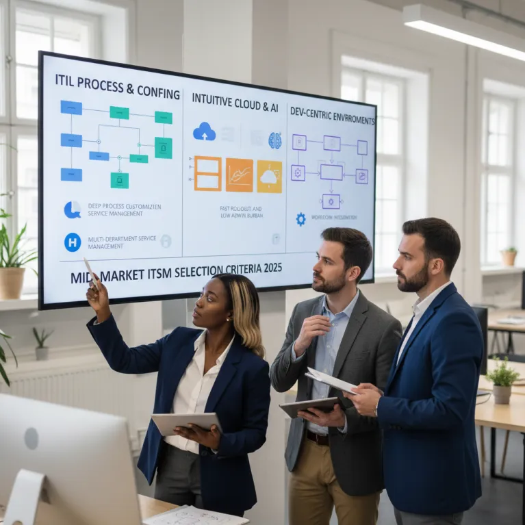 IT leaders reviewing dashboards and workflows during a HaloITSM vs Freshservice evaluation for mid-market ITSM tool selection