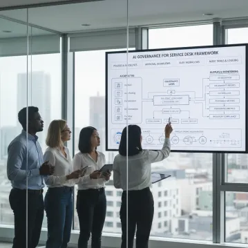 Modern AI-governance servicedesk-dashboard met beheerde ITSM-workflows, mechanismen voor menselijk toezicht en audit trails voor AI-beslissingen in de Benelux