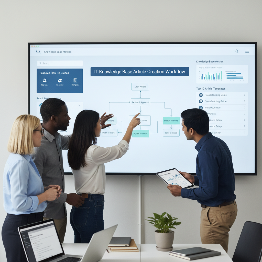 IT team building an IT knowledge base with structured articles, templates, and self-service portal on a modern ITSM platform