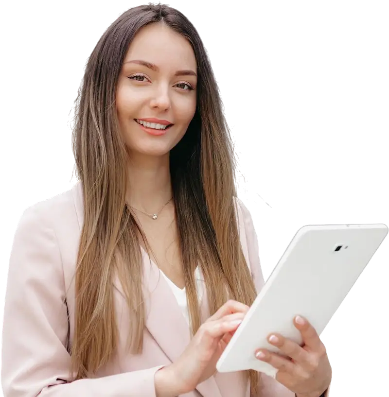 business woman with tablet her hands background office building