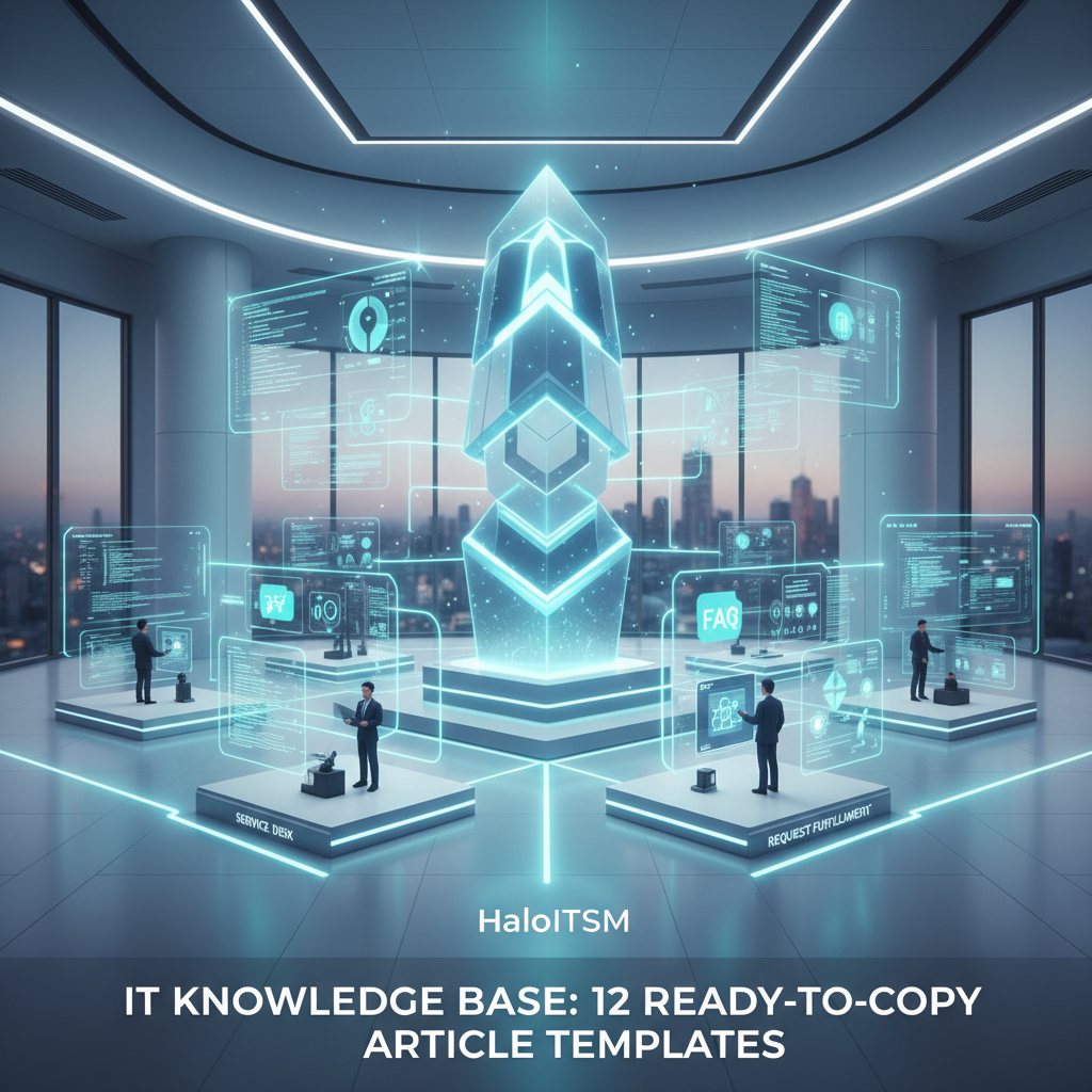 IT team collaborating in front of a digital dashboard while designing an IT knowledge base for faster self-service support